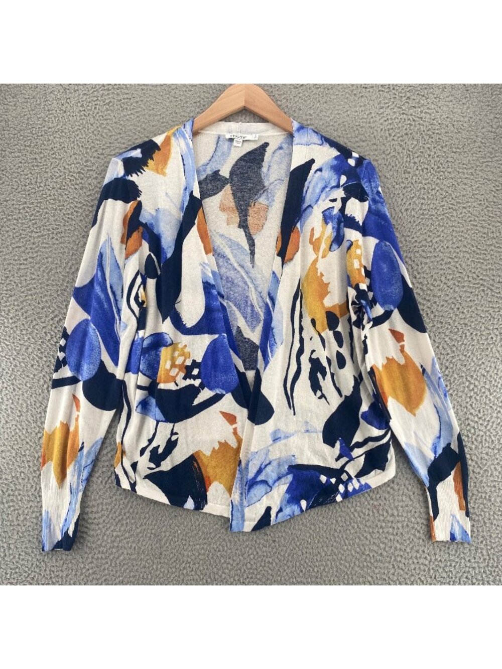 Chicos Sweater Womens 2 US Large Blue Gold Art Abstract Cardigan Stretch Knit